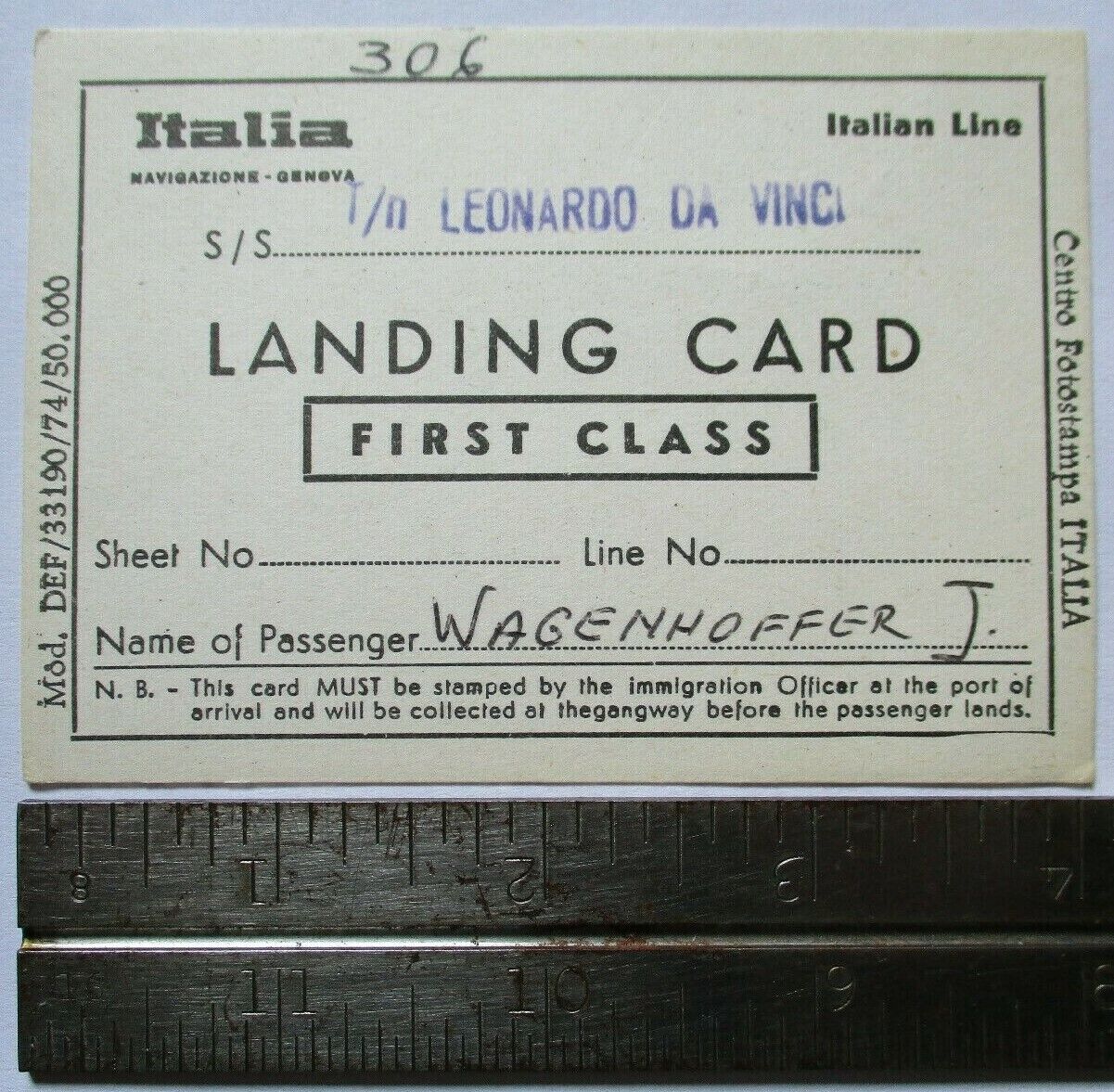 1970s? Italian Line SS Leonardo Da Vinci Steamship Landing Card Ocean Liner