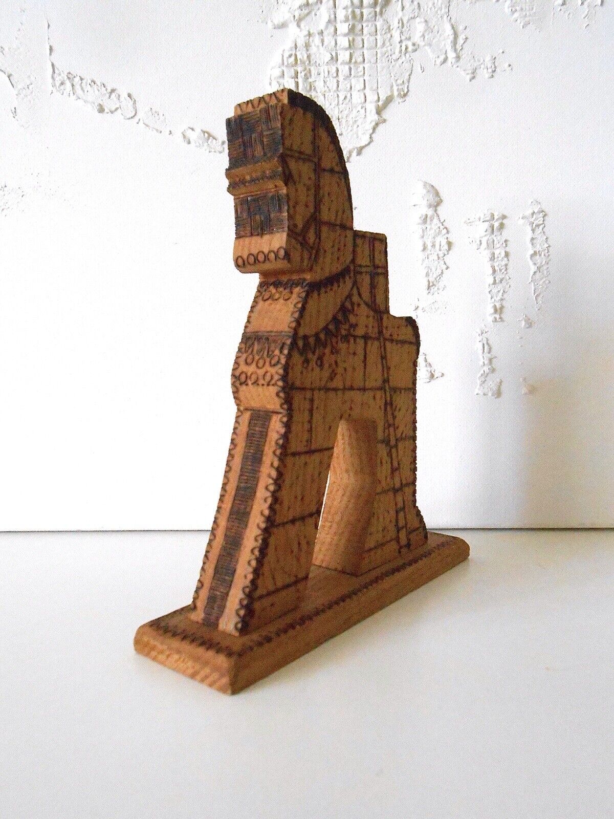 Vintage Wood Trojan Horse Hand Carved Pyrographic Design Figurine Toy Horse Art