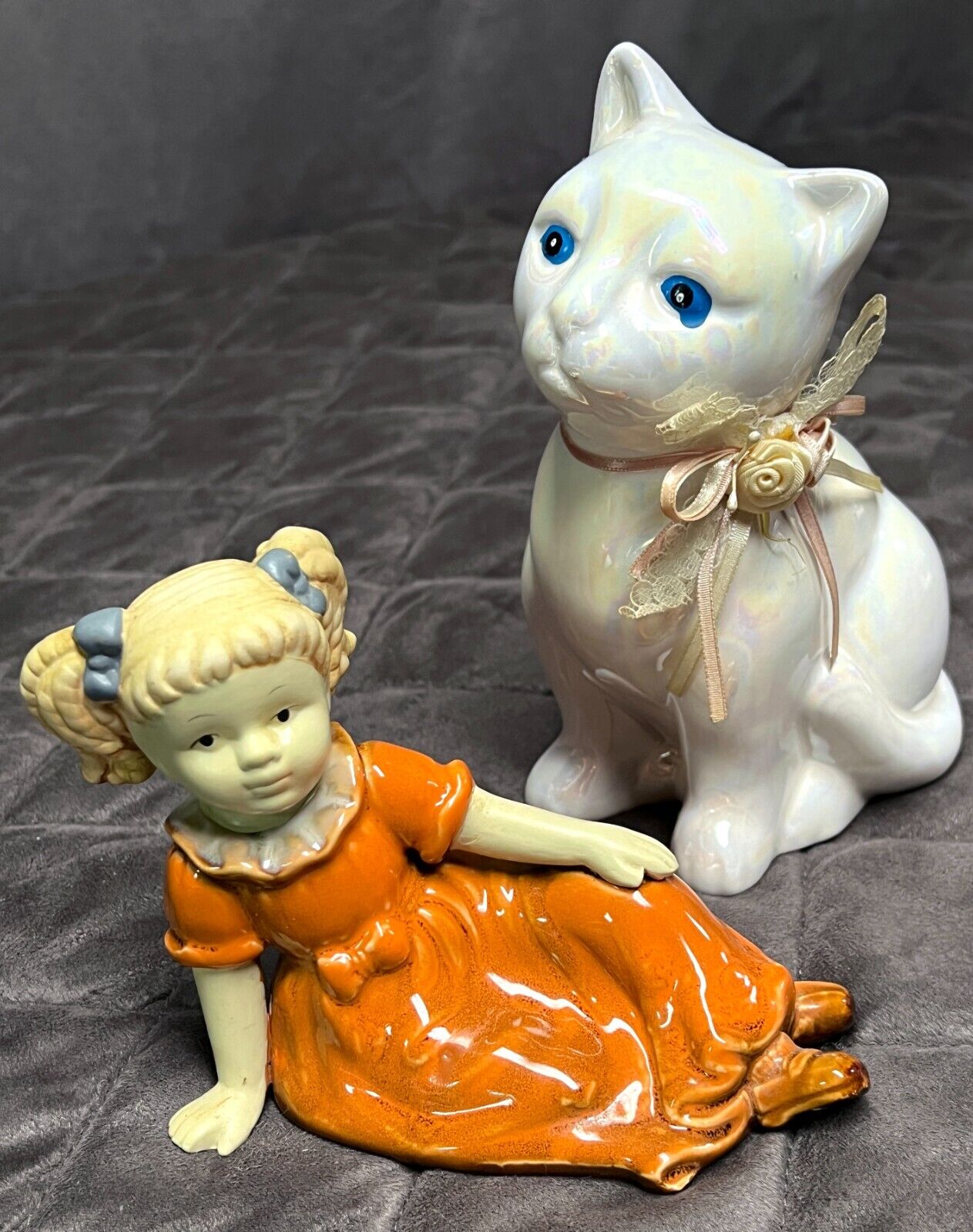 2 Vintage Ceramic Figurines Irresdescent White Cat & Little Girl Pony Tails