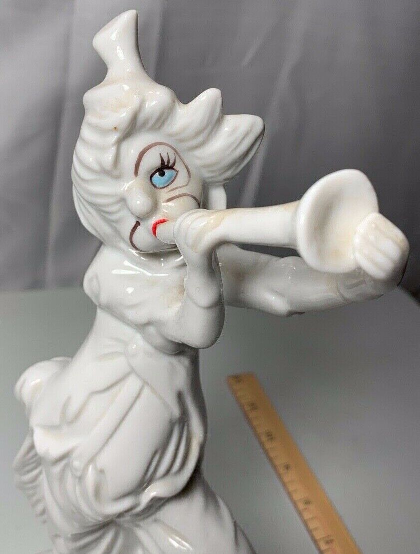Duncan Royale White Porcelain Clown Playing Horn With Foot on Ball Figurine 