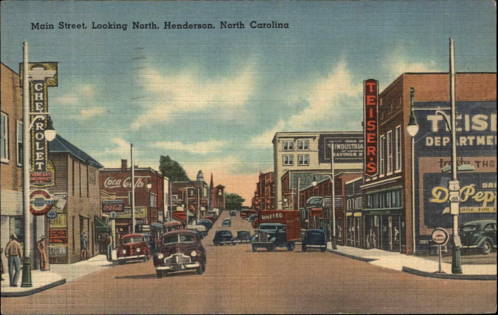 Henderson North Carolina NC Main Street Scene Linen Vintage Postcard