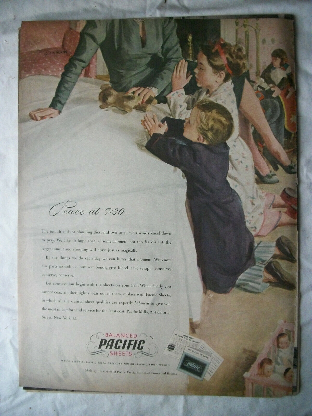 VTG 1945 Orig Magazine Ad Balanced Pacific Sheets PEACE at 7:30 Illustrated