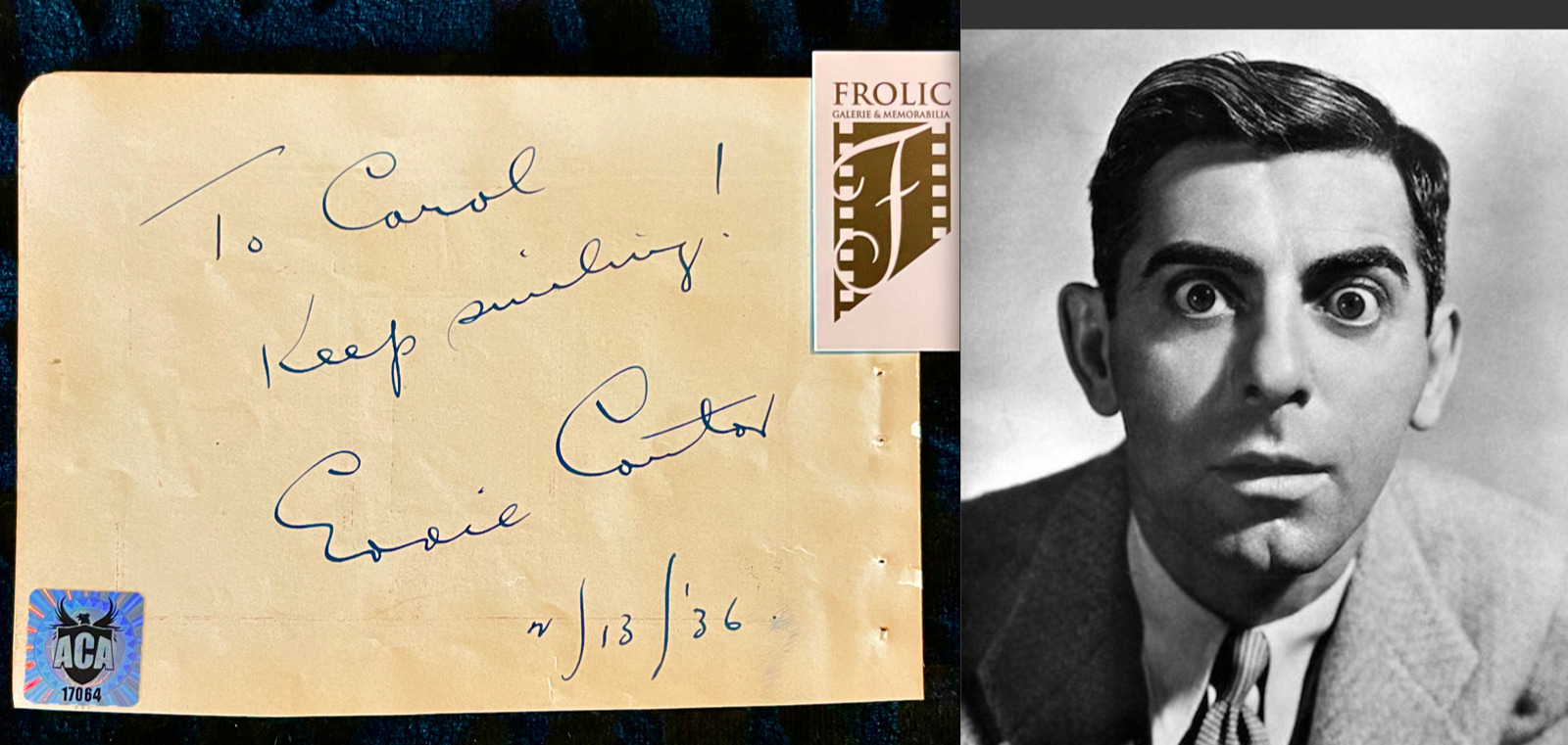 EDDIE CANTOR Signed 1936 Original album page ACA (LOA) Early American Comedian