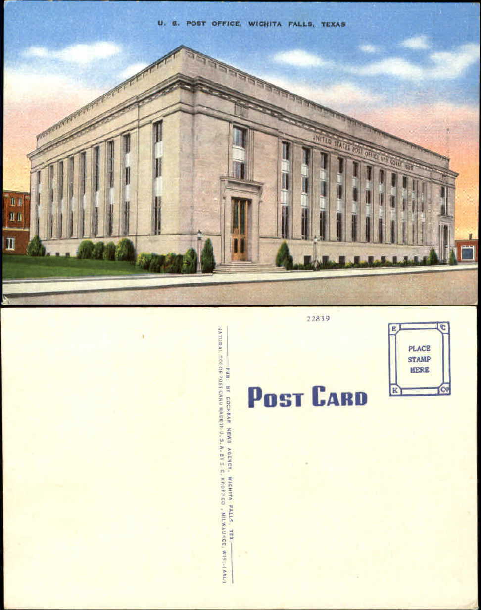 U.S. Post Office Wichita Falls TX unused 1940s linen postcard