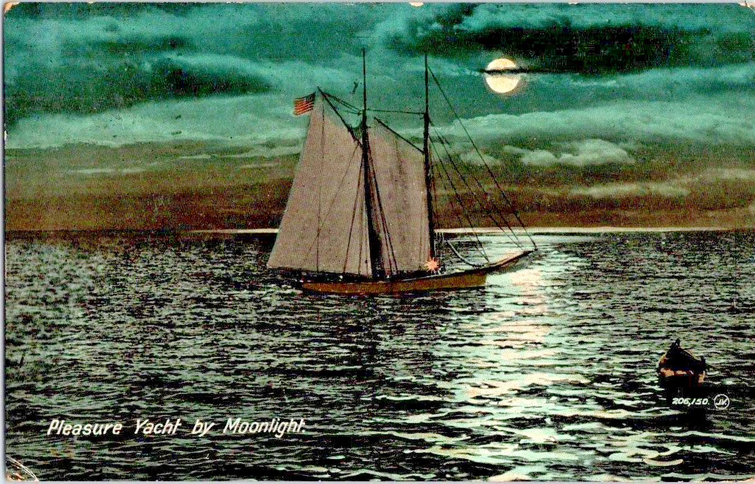 1909 Beautiful pleasure yacht in moonlight postcard a69