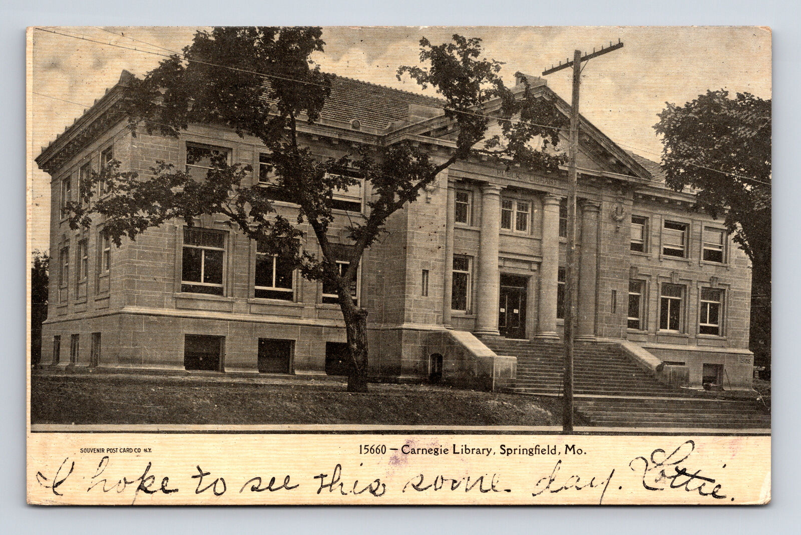 c1907 Springfield Missouri MO Carnegie Library Building Souvenir Postcard