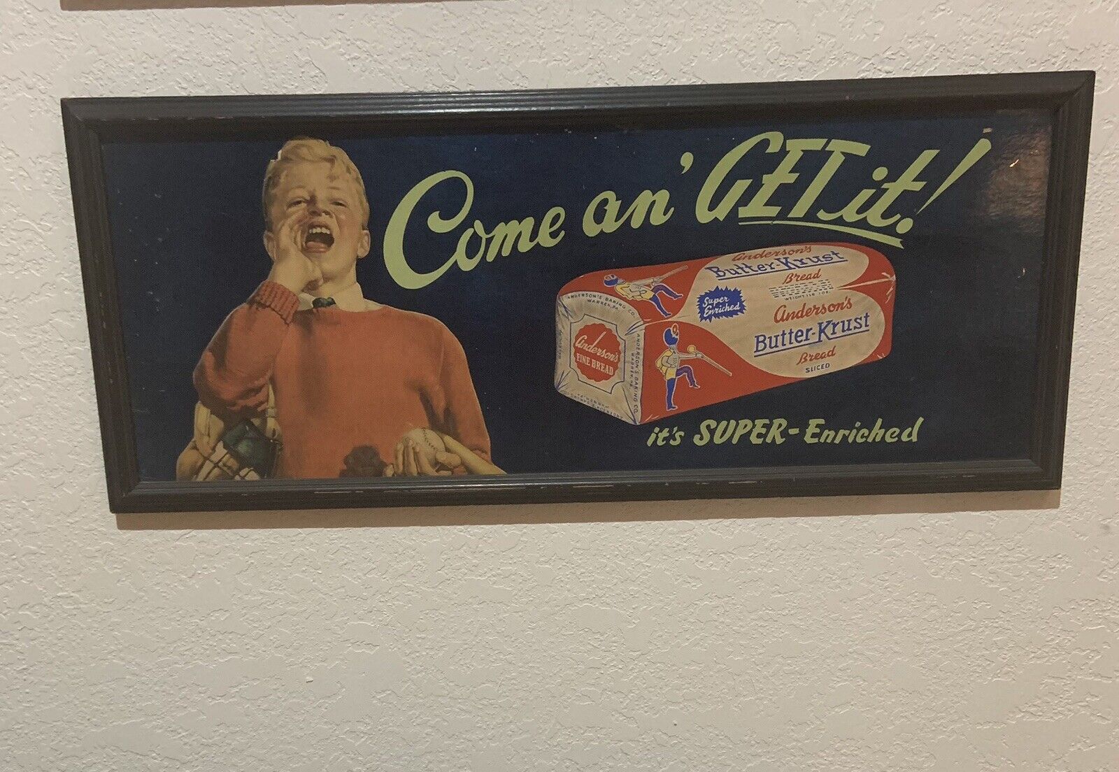 RARE VINTAGE ANDERSON’S BUTTER KRUST BREAD SIGN BASEBALL THEME “COME AN GET IT”