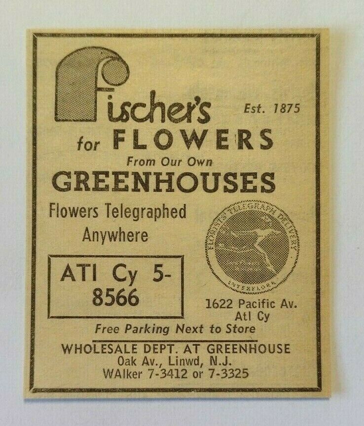 1959 Fischer\'s Flowers Advertisement Atlantic City, New Jersey