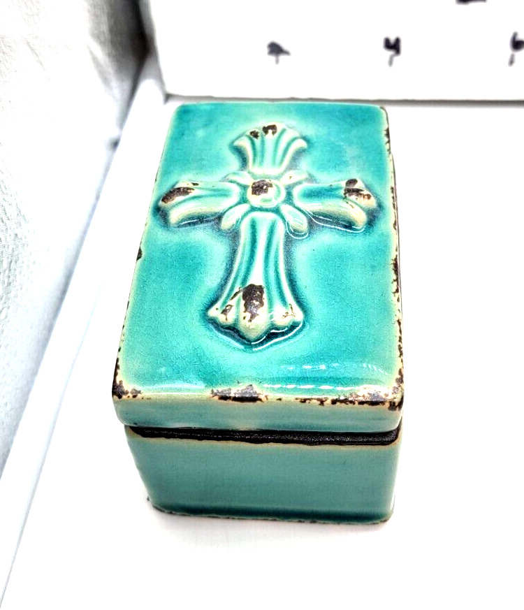 Old World Look Turquoise Cross Ceramic Box by Stonebriar Collection 4.5