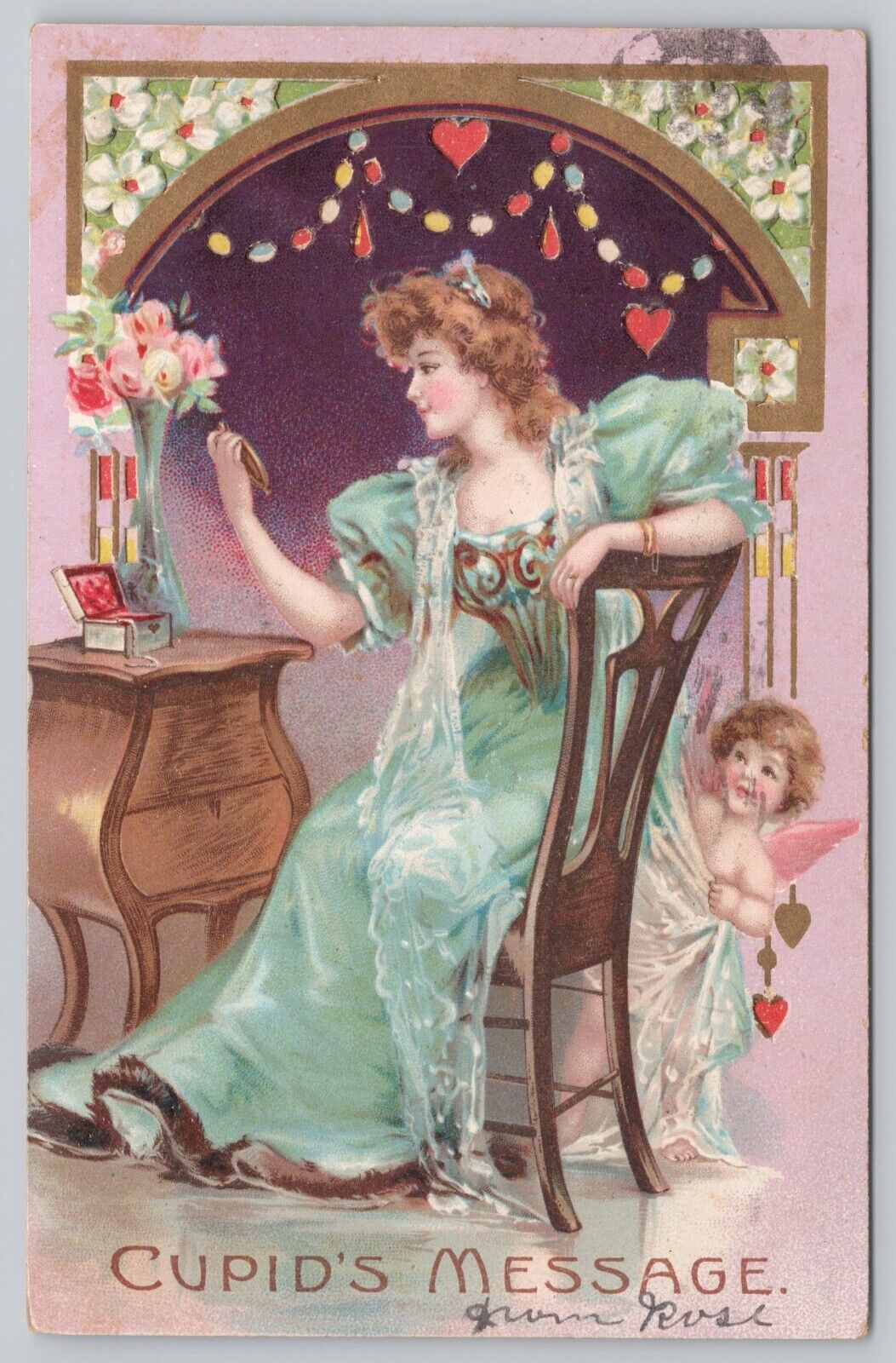 Hold to Light Valentine's Day Postcard Art Nouveau Women Florals Cupid Cherub V
