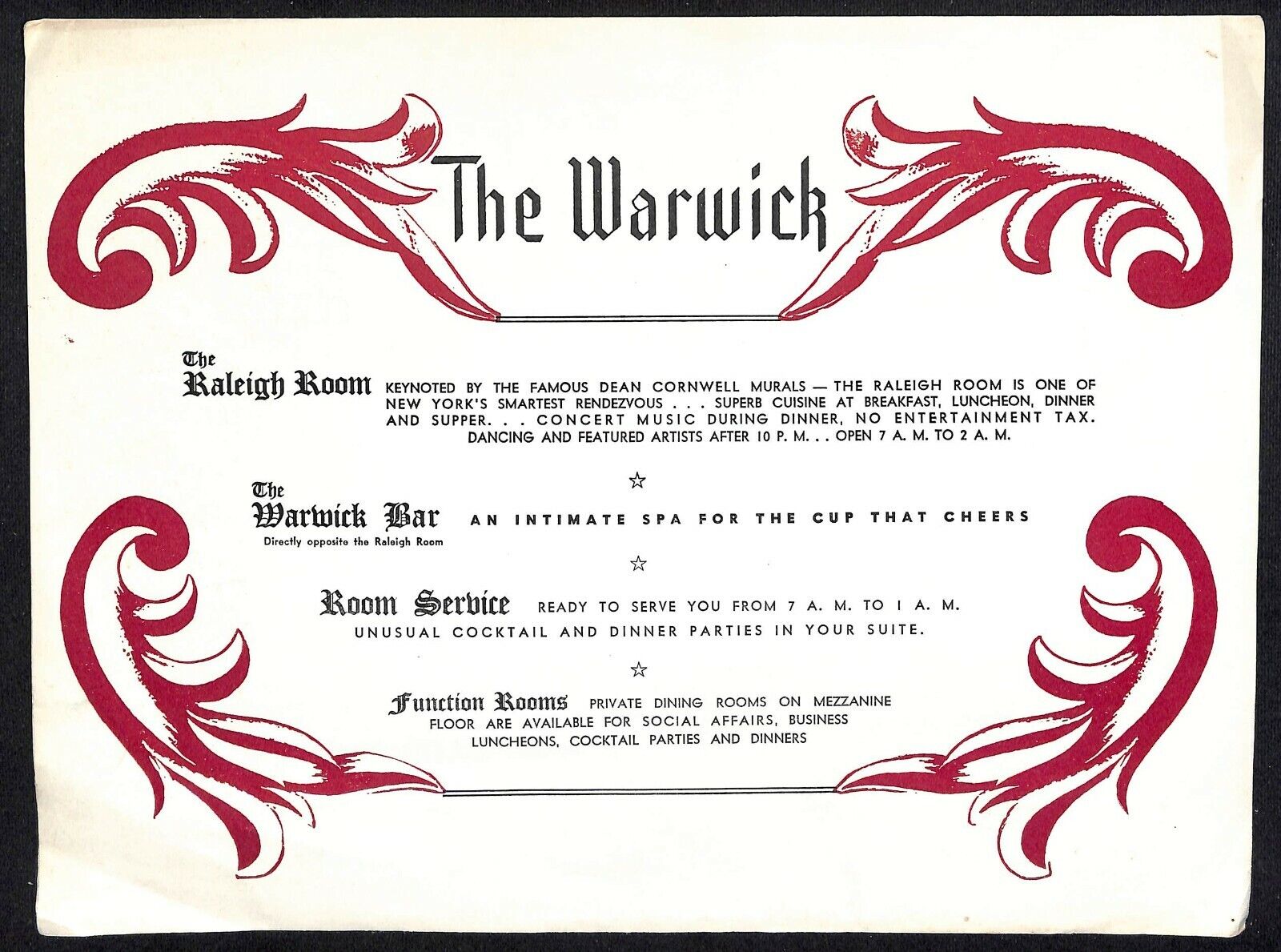 Very Scarce Warwick Hotel / Raleigh Room NYC Restaurant Menu 1952 - VGC