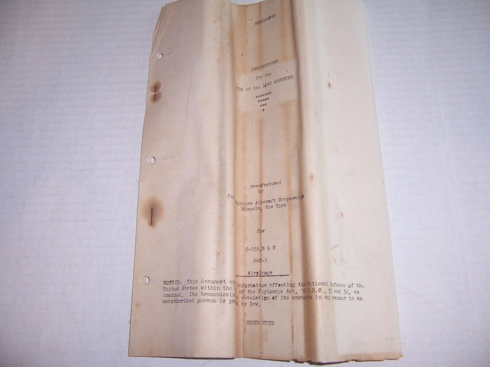 INSTRUCTIONS FOR WWII USAAF C53 A B & C Aircraft Load Adjuster 8 pages
