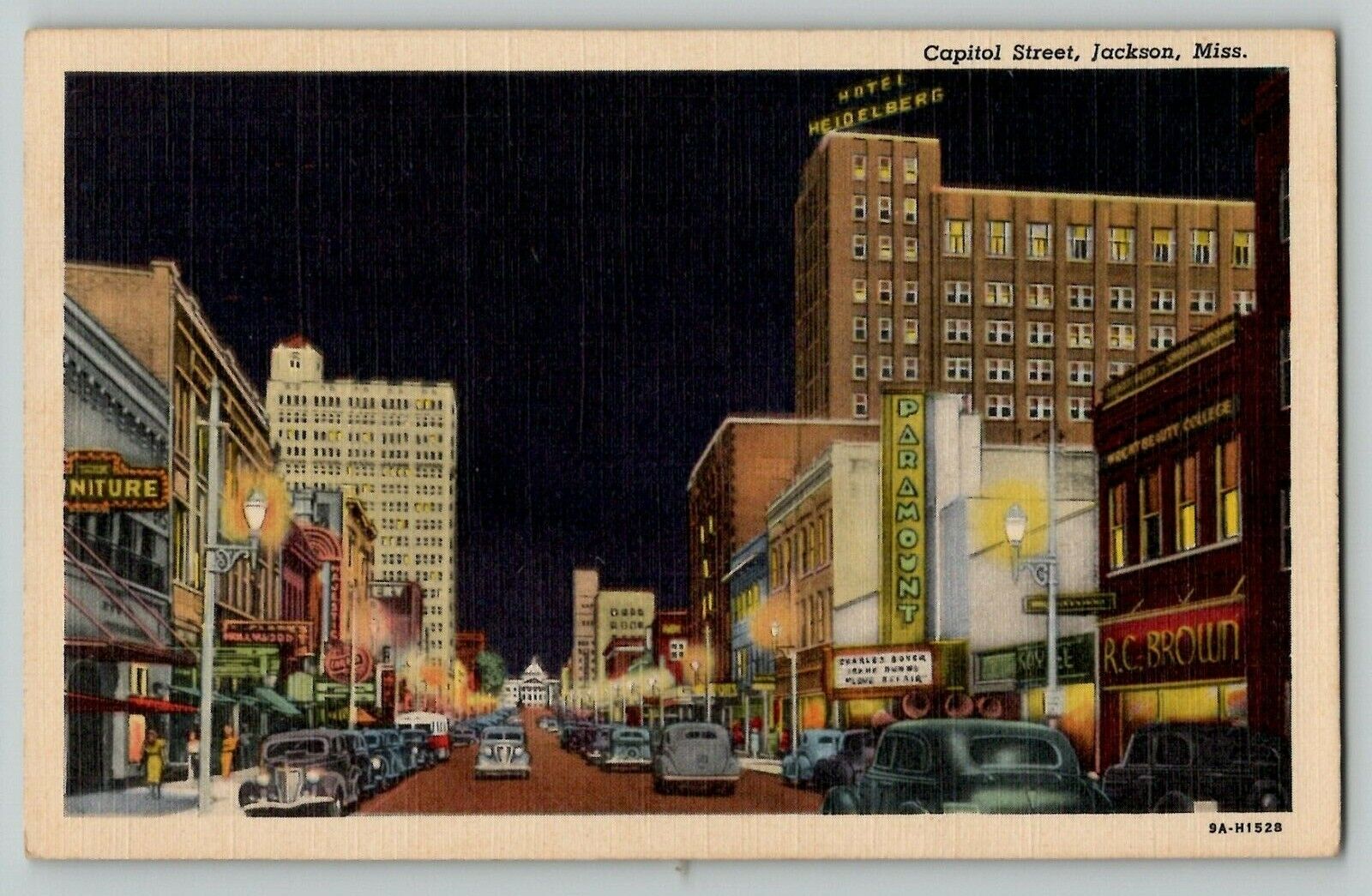 Capitol Street Jackson MS at Night Old Cars Marquees Vintage Linen Postcard