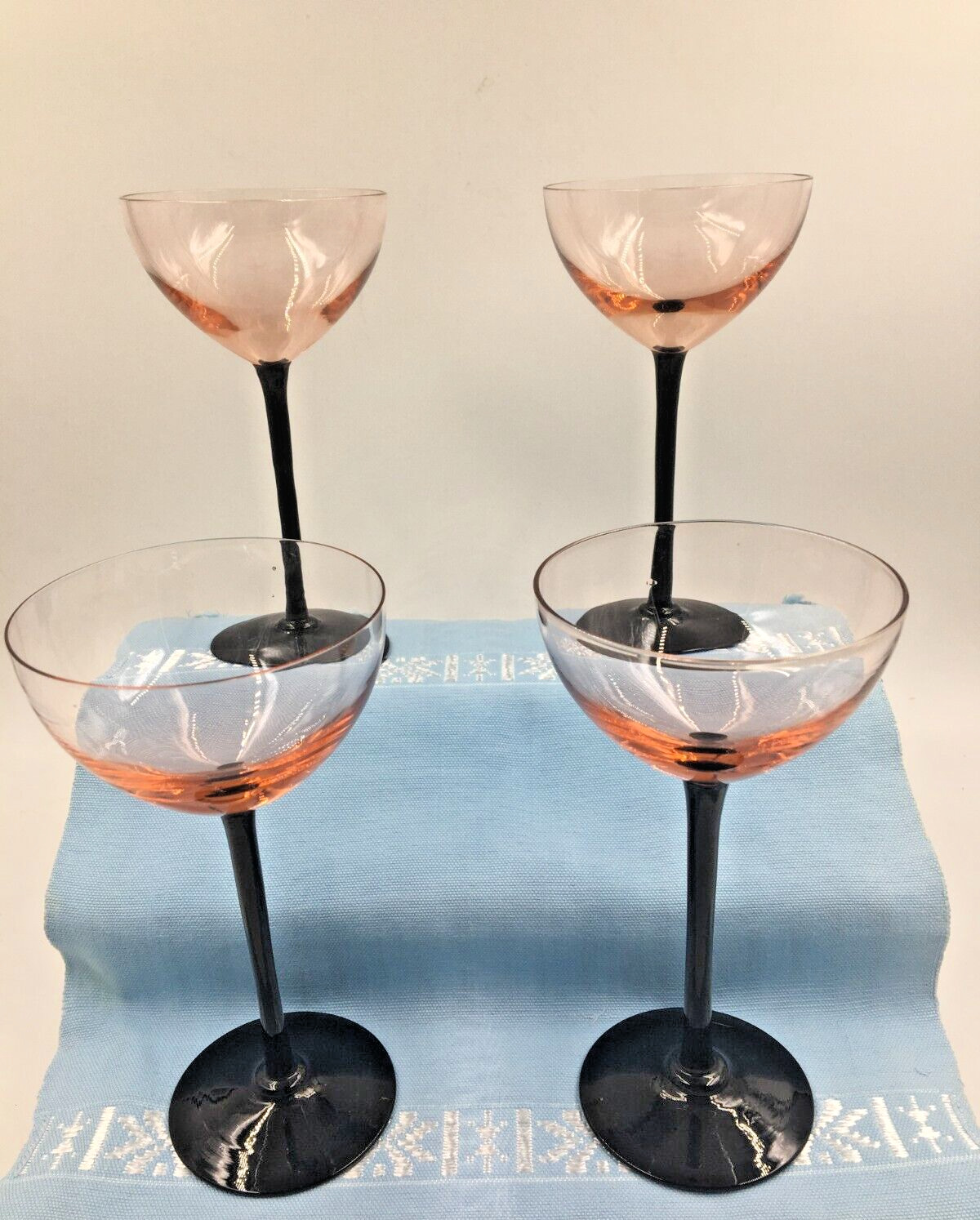 VTG MCM BLOWN Glass Wine/Champagne Coupes Pink Bowls w Black Stem
