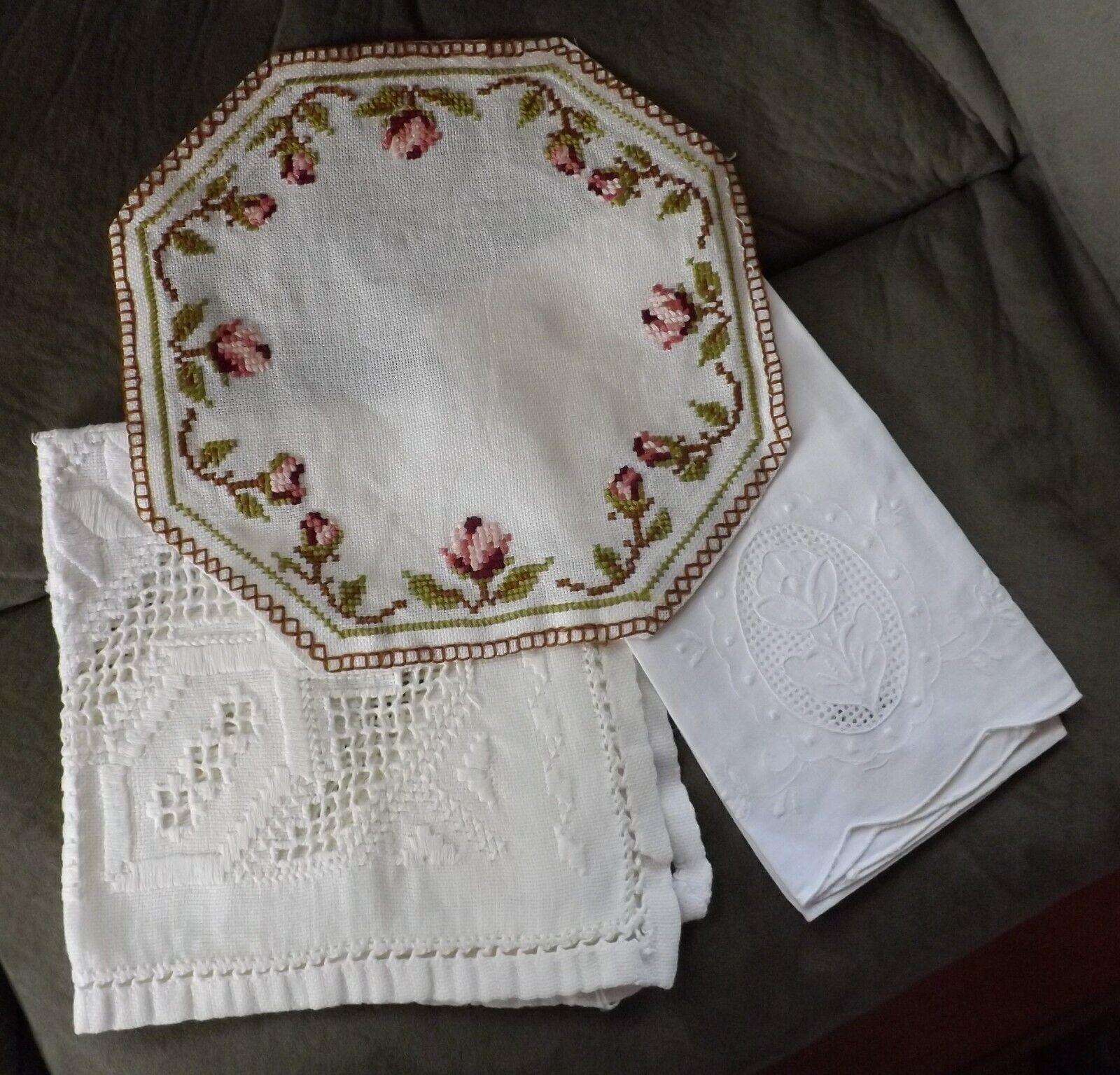 Lot of 3 - 2 Vintage Hand Sewn/Crosstitched Doilies + 1 older Linen Finger Towel