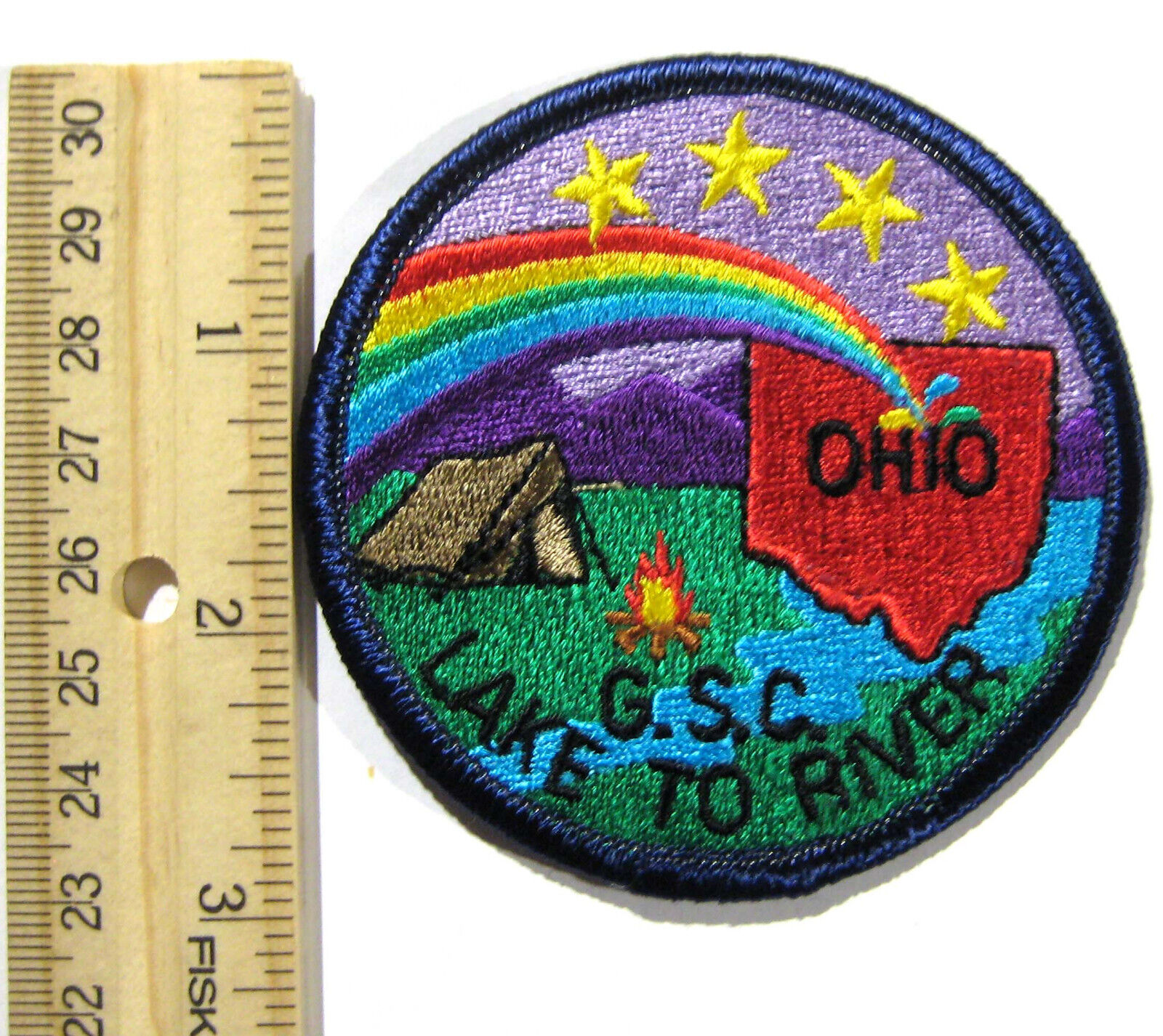 Obsolete Girl Scout LAKE TO RIVER COUNCIL PATCH Tent Camping Rainbow Badge OHIO