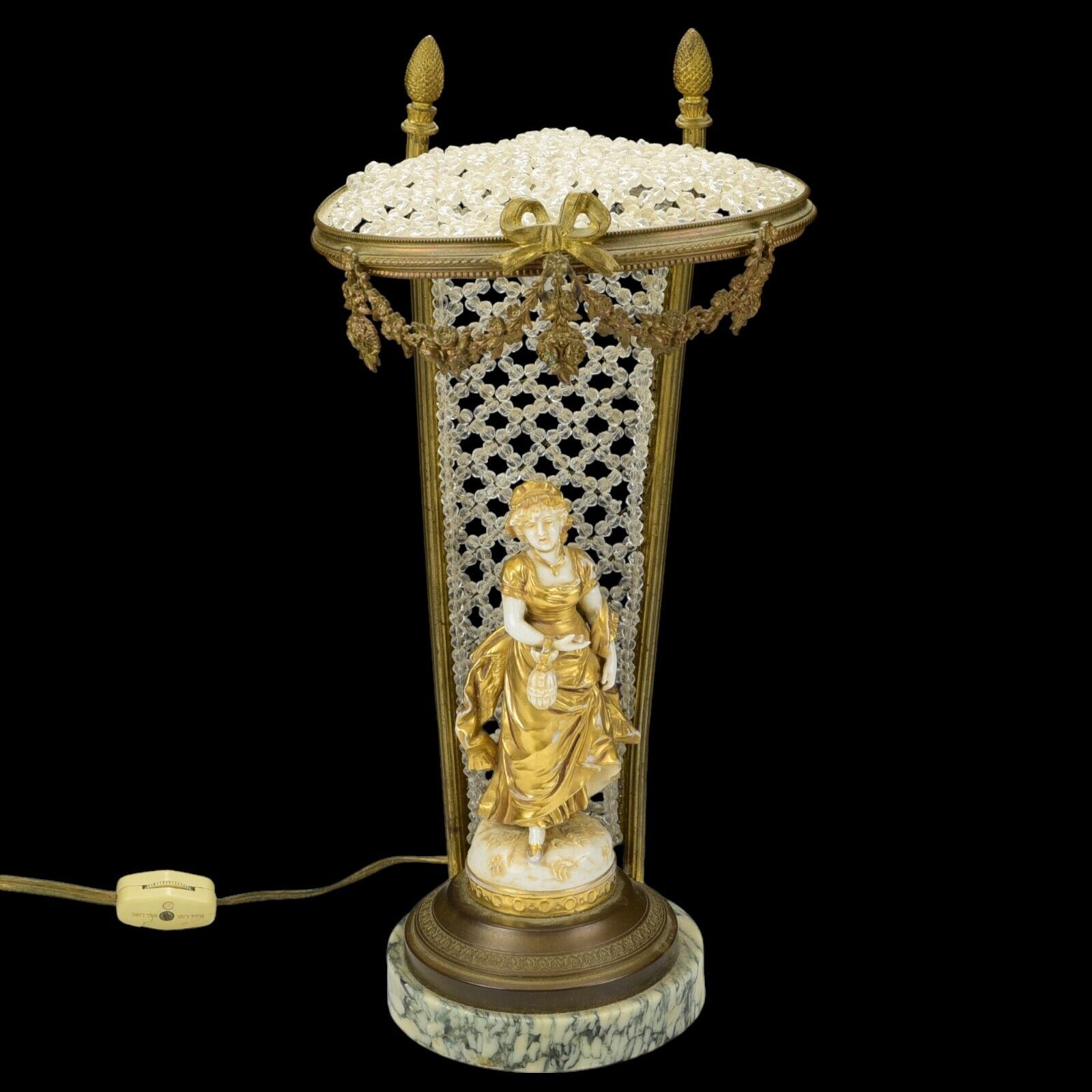 Antique French Gilt Bronze Crystal Beaded Figural Lamp