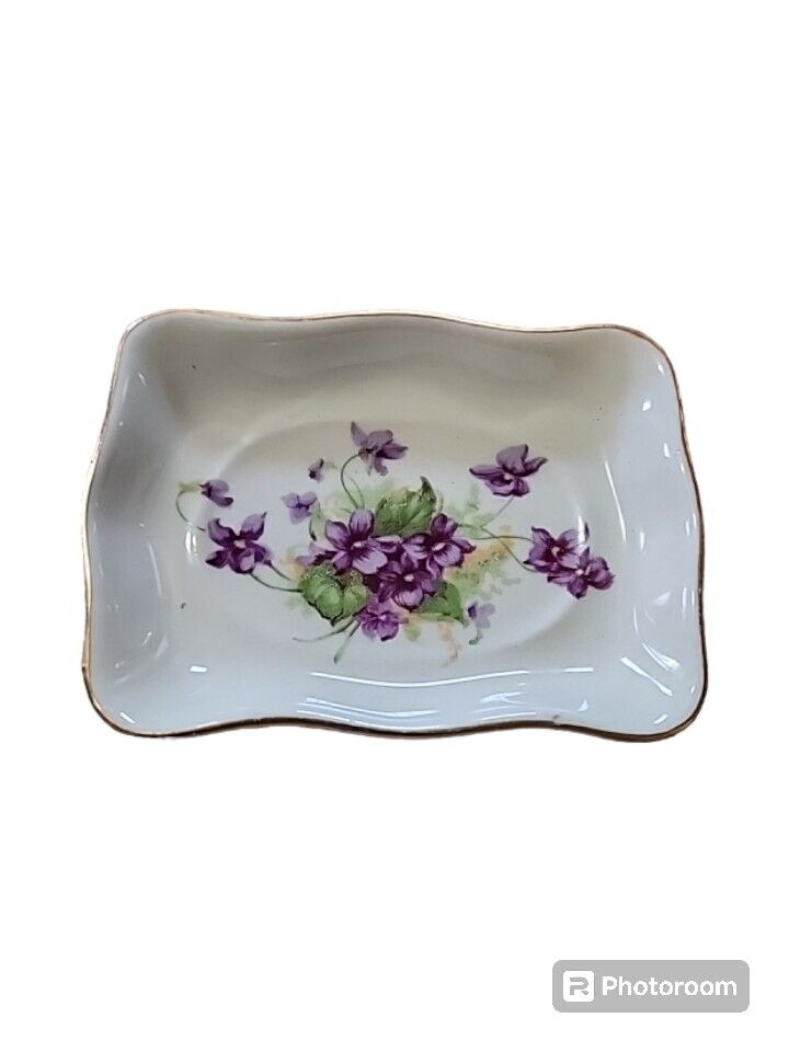 Vintage Doma Porcelain Trinket Dish Purple Flowers Gold Trim Scalloped Edge 