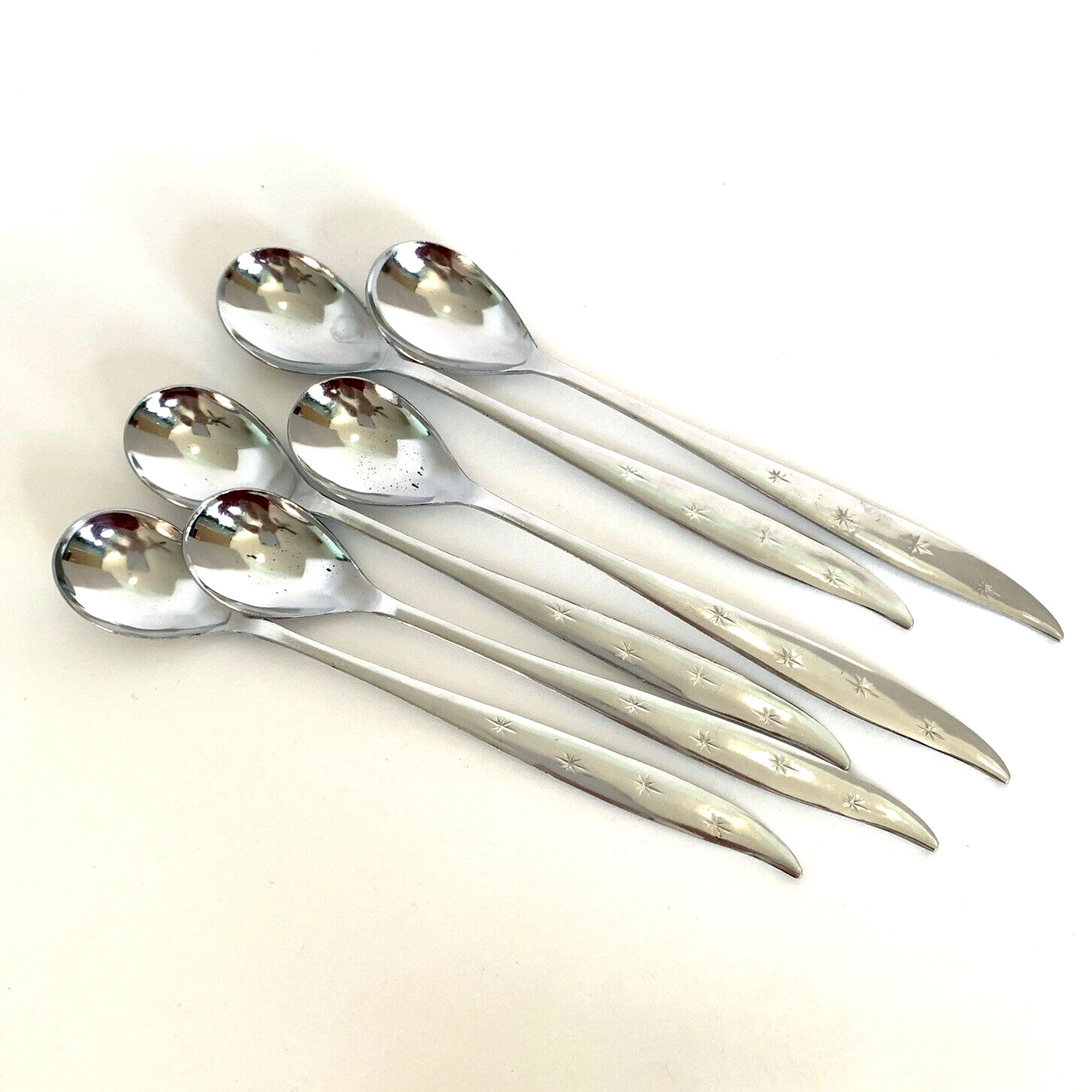 Set of 6 Starfire Stainless Iced Tea Spoons Atomic Star Pattern Japan 7 5/8\