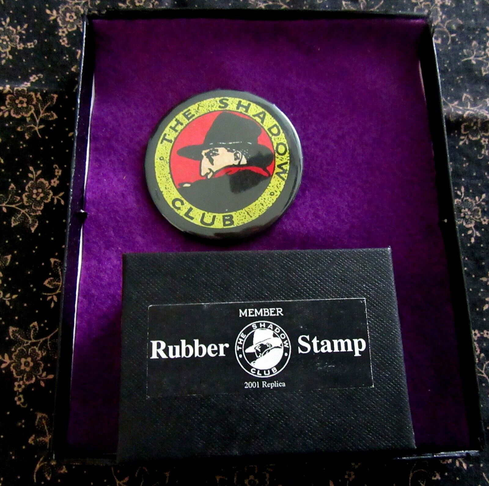 Rare 2001 Replica of 1930s Shadow Club Rubber Stamp Plus Membership Pinback