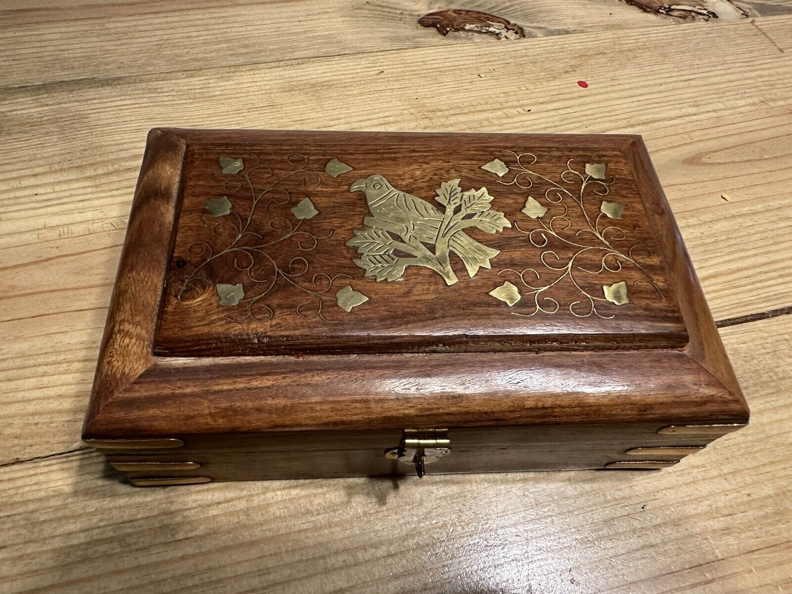 Vintage Brass Inlay Partridge In A Pear Tree Trinket Box