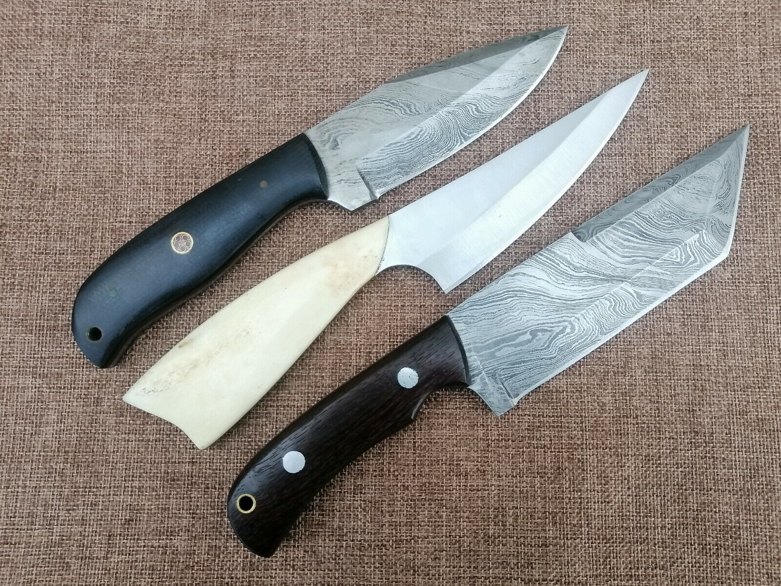 LOT of 3 unique Full Tang custom Hand Forged Skinners with Leather Sheaths