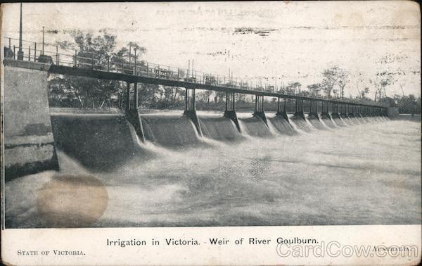 Australia 1908 Irrigation in Victoria. Weir of River Goulburn. Postcard Vintage