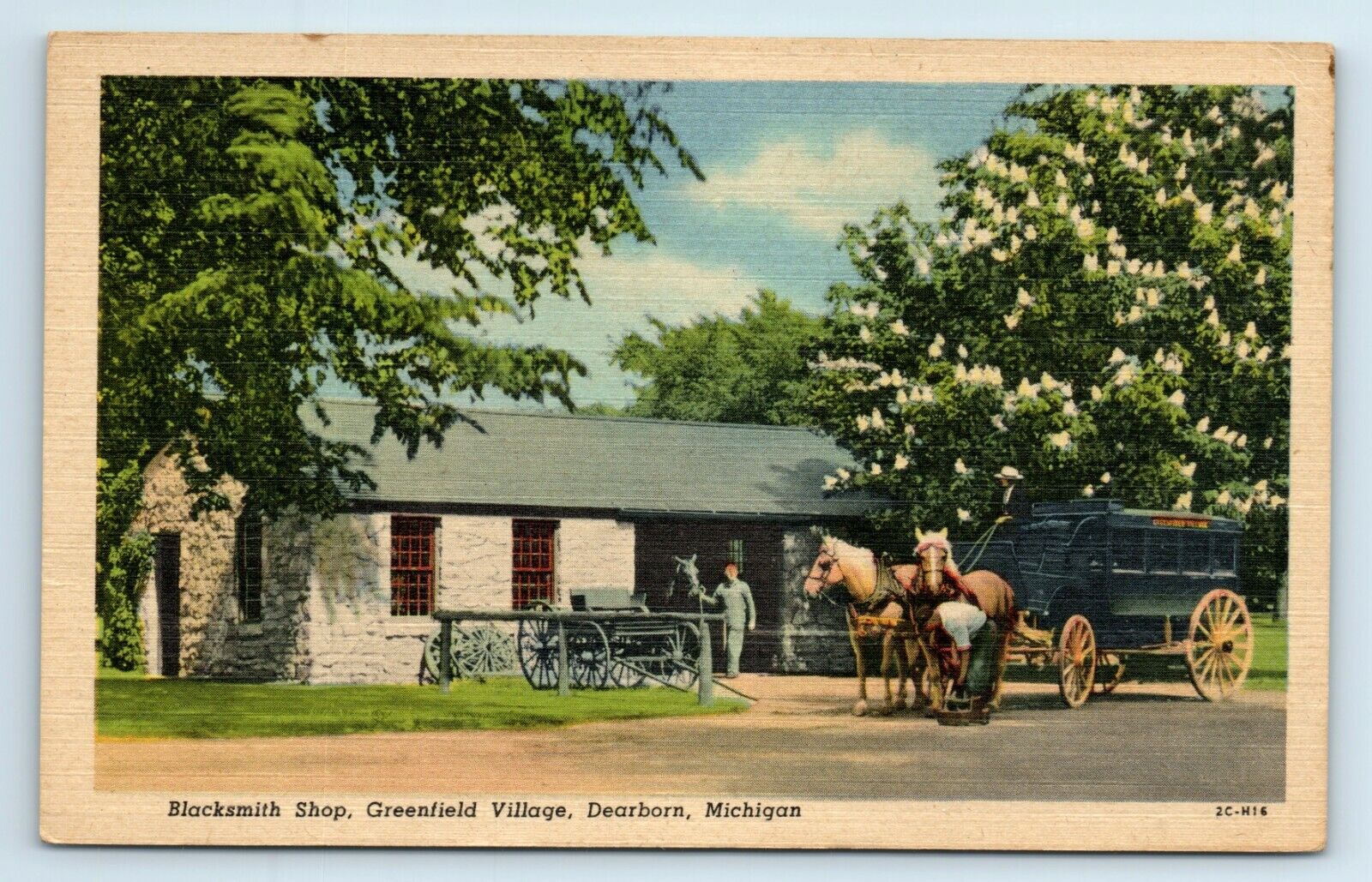 Postcard Blacksmith Shop, Greenfield Village, Dearborn MI horse carriage H94