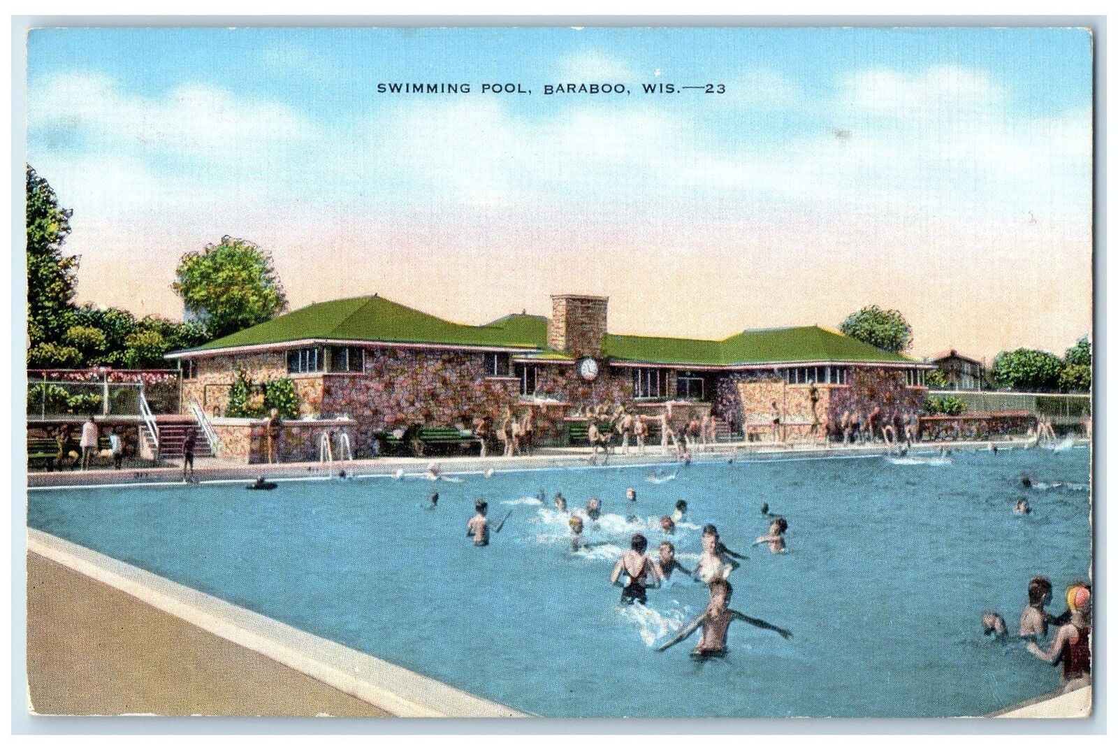 c1940s Swimming Pool Bathing View Baraboo Wisconsin WI Unposted Vintage Postcard
