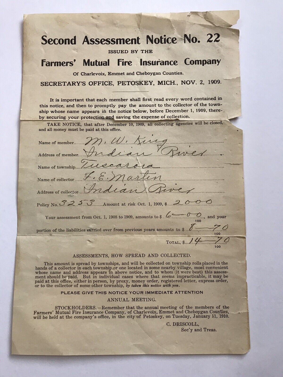 Farmers Mutual Fire Insurance Company 1909 Invoice Second Assessment Notice