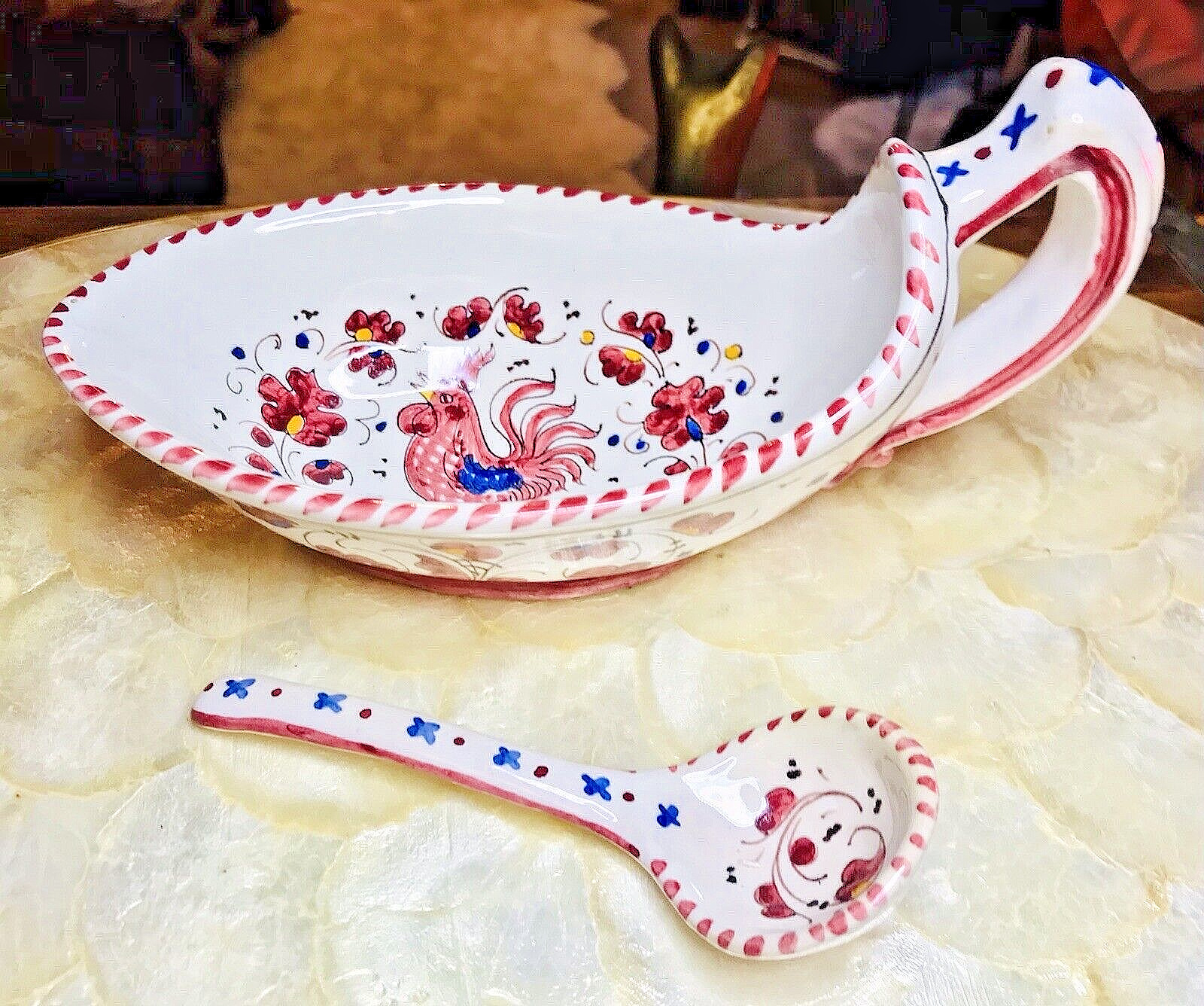 Vintage Bohemian Summer Roster Hand Painted Dressing Bowl & Spoon P.V Italy
