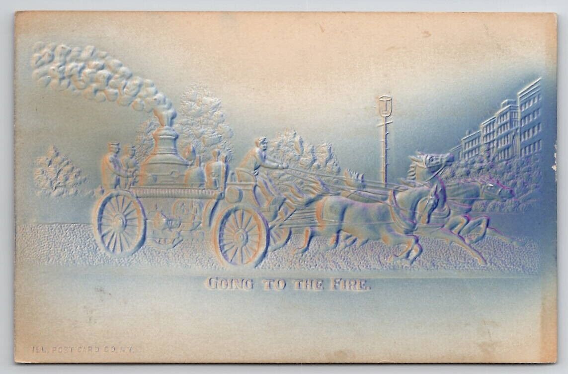 Fire Wagon Going To The Fire Airbrushed Horse Drawn Fire Truck  Postcard K30
