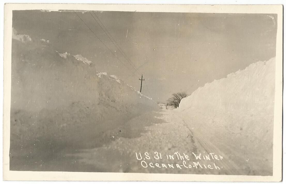 Hart Michigan MI ~ Deep Winter Snow on U.S. 31 RPPC Real Photo 1935