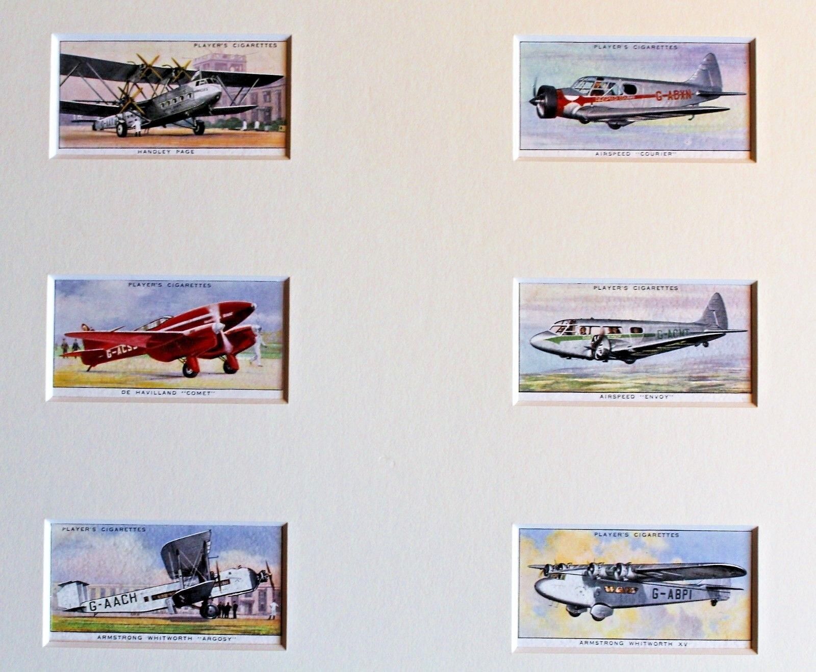 Beautifully Matted Set of 6 English Player\'s Cigarette Airplane Cards c. 1935
