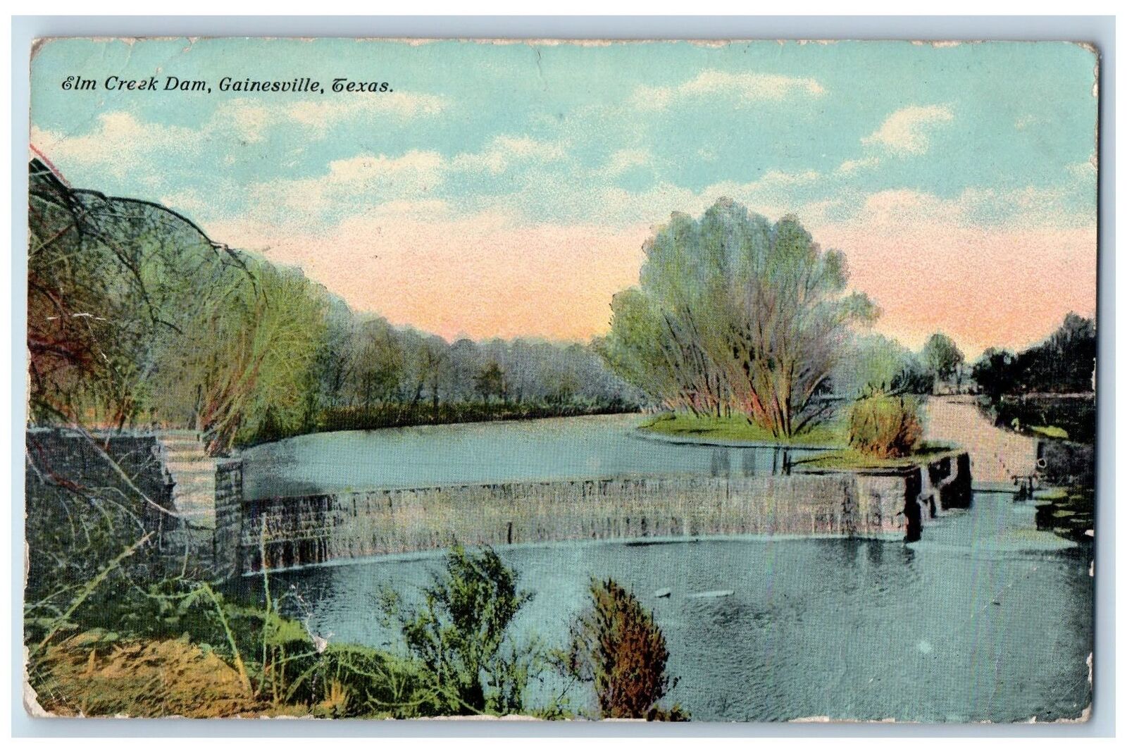 Gainesville Texas TX Postcard Elm Creek Dam Trees Highway Scene 1911 Antique
