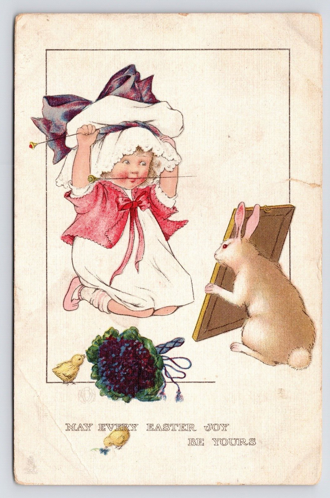 c1910~Easter Bunny & Little Girl Dressing Up~Tucks Joyous Youth~VTG Art Postcard