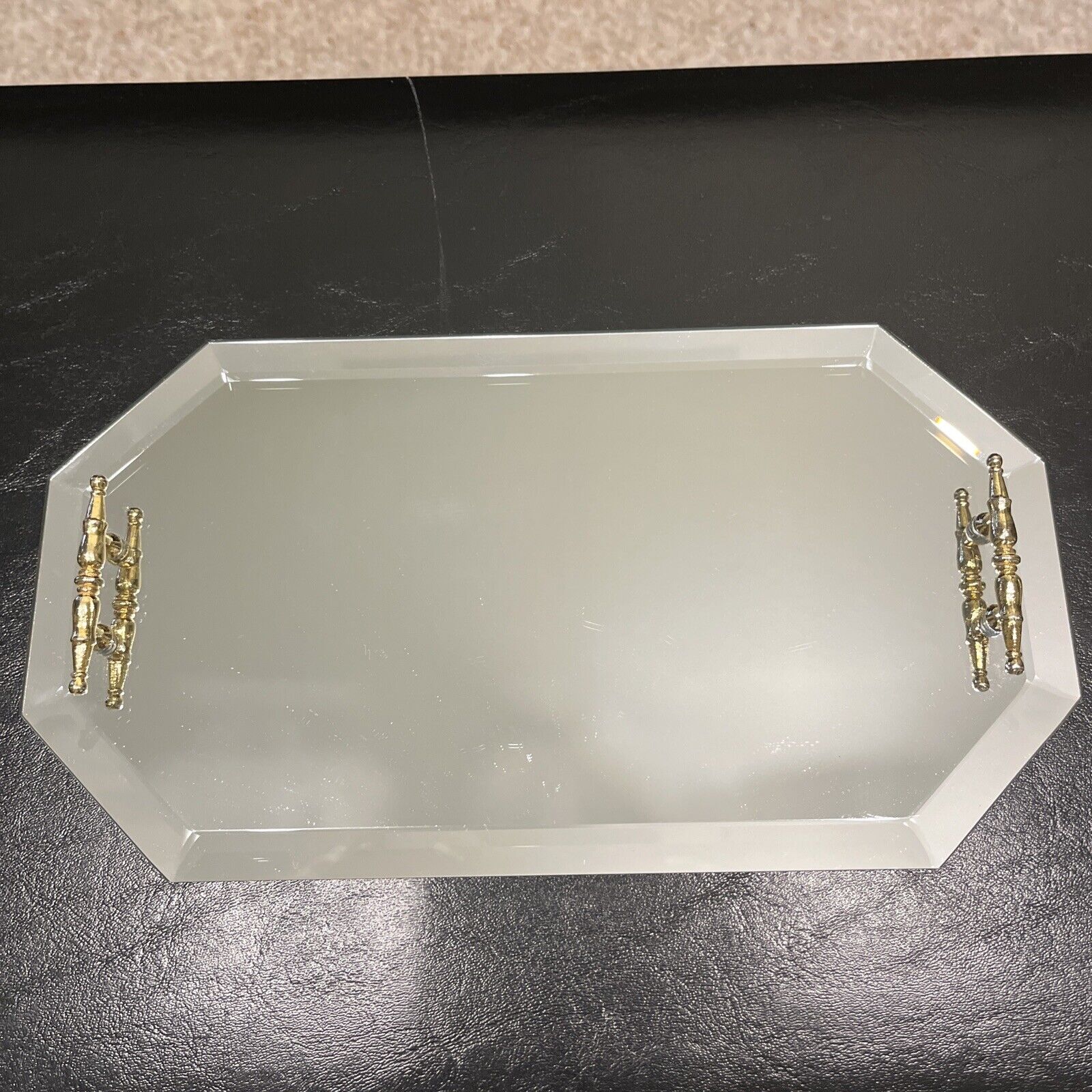 Vintage Octagon Mirrored Vanity Tray w/ Gold Tone Handles L.W. Rice & Co Taiwan