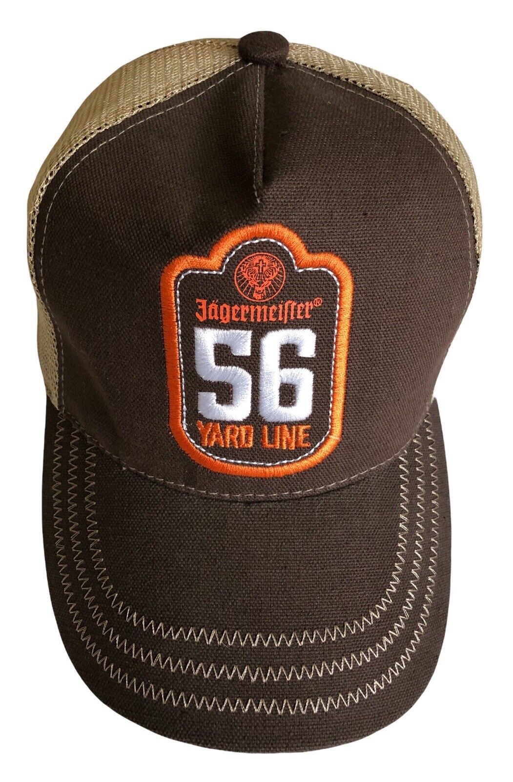 “JAGERMEISTER” Baseball Trucker Hat/Cap 56-Yard Line Mesh Brown Orange Snap-back