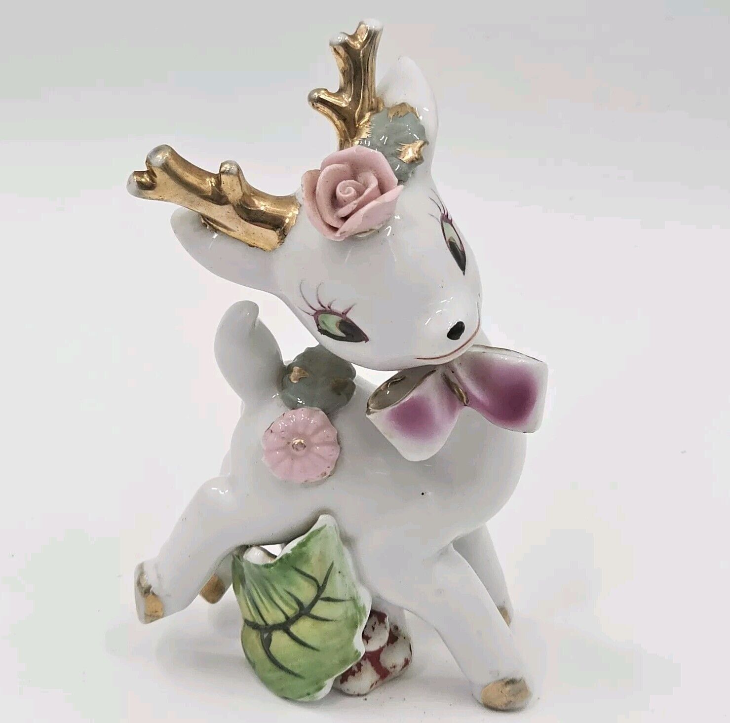 Vintage Japan Napco Reindeer Porcelain Figurine Pink Bow Flower Floral Read 