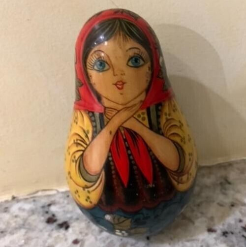 Hand Painted Russian Folk Art Matryoshka Wood Wobble Chime Bell Musical Doll