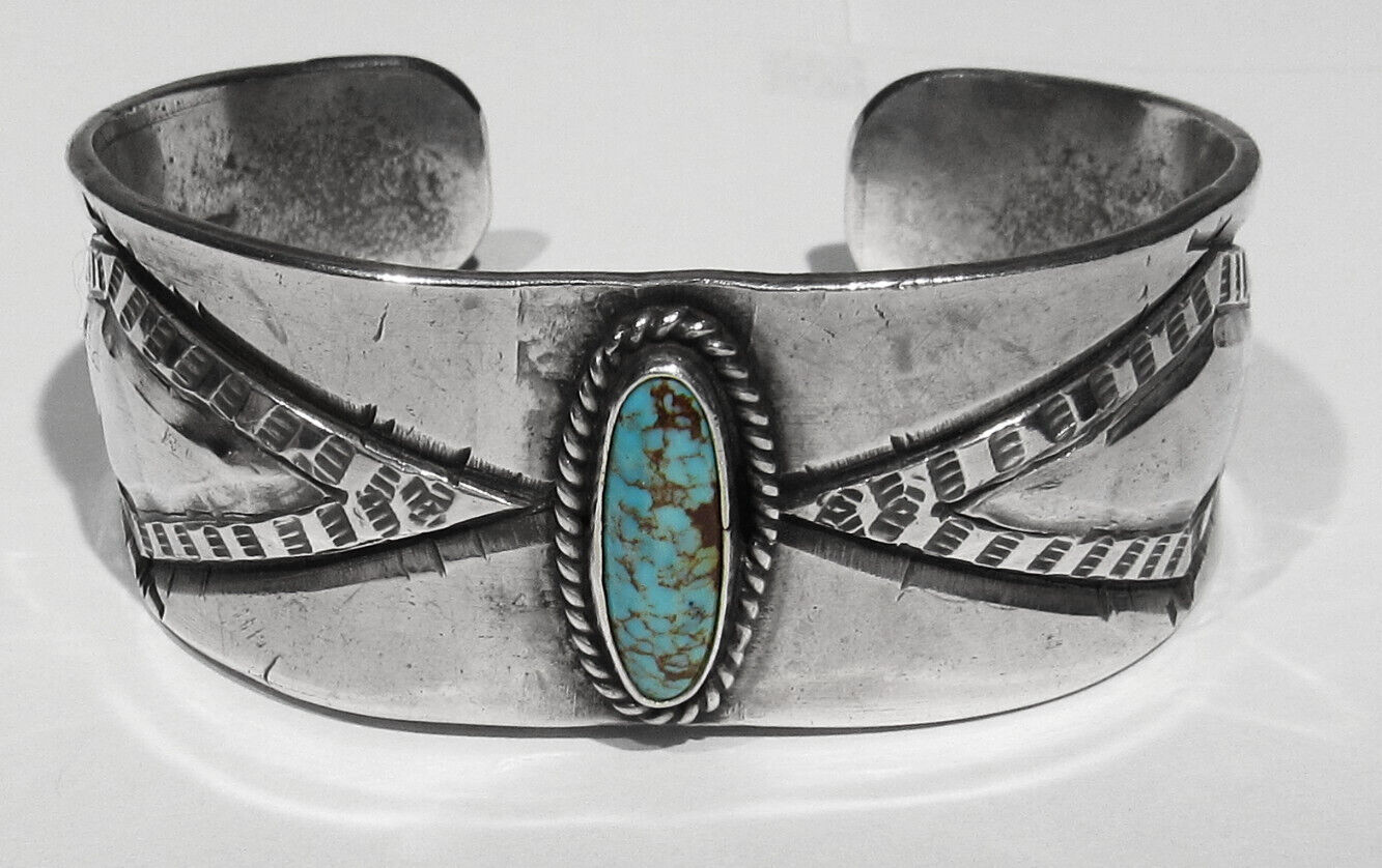 RARE OLD 1890s 1910 Hammered Chiseled Ingot 925 Silver Turquoise CUF Bracelet 7\