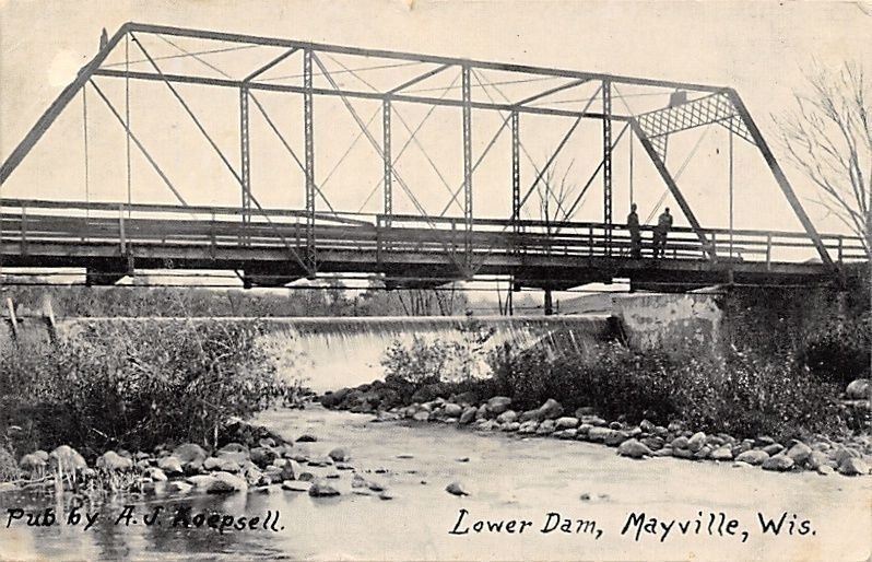 Mayville Wisconsin~Lower Dam~Men on Top Bridge~1908 B&W Postcard