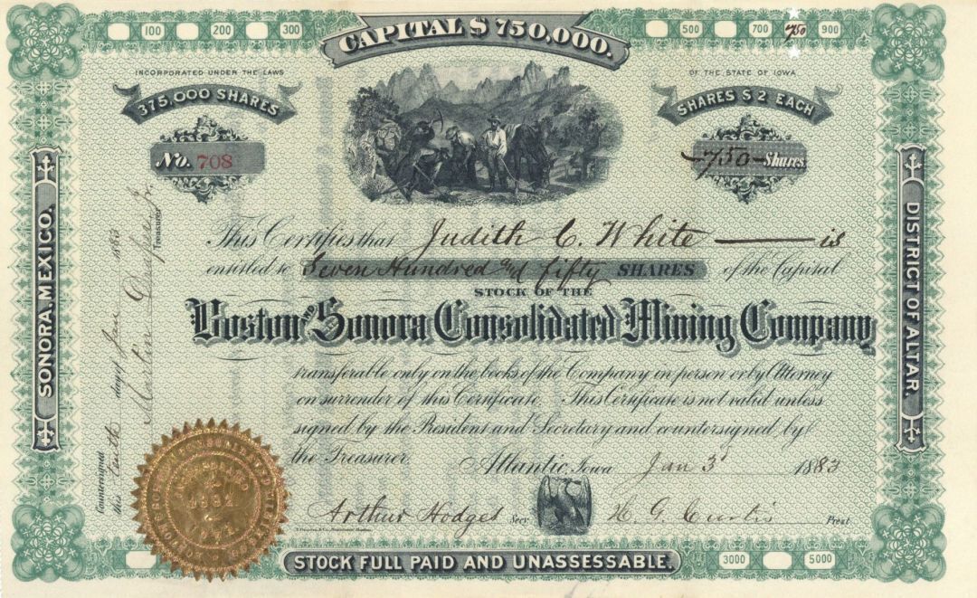 Boston and Sonora Consolidated Mining Co. - Stock Certificate - Mining Stocks