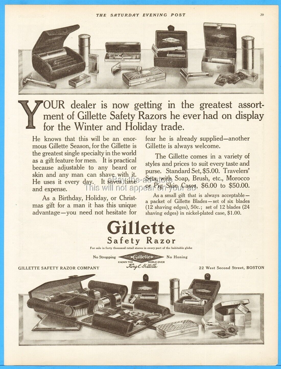 1912 Gillette Safety Razor Co 22 W 2nd St Boston MA Shaving Set Kit Bathroom Ad