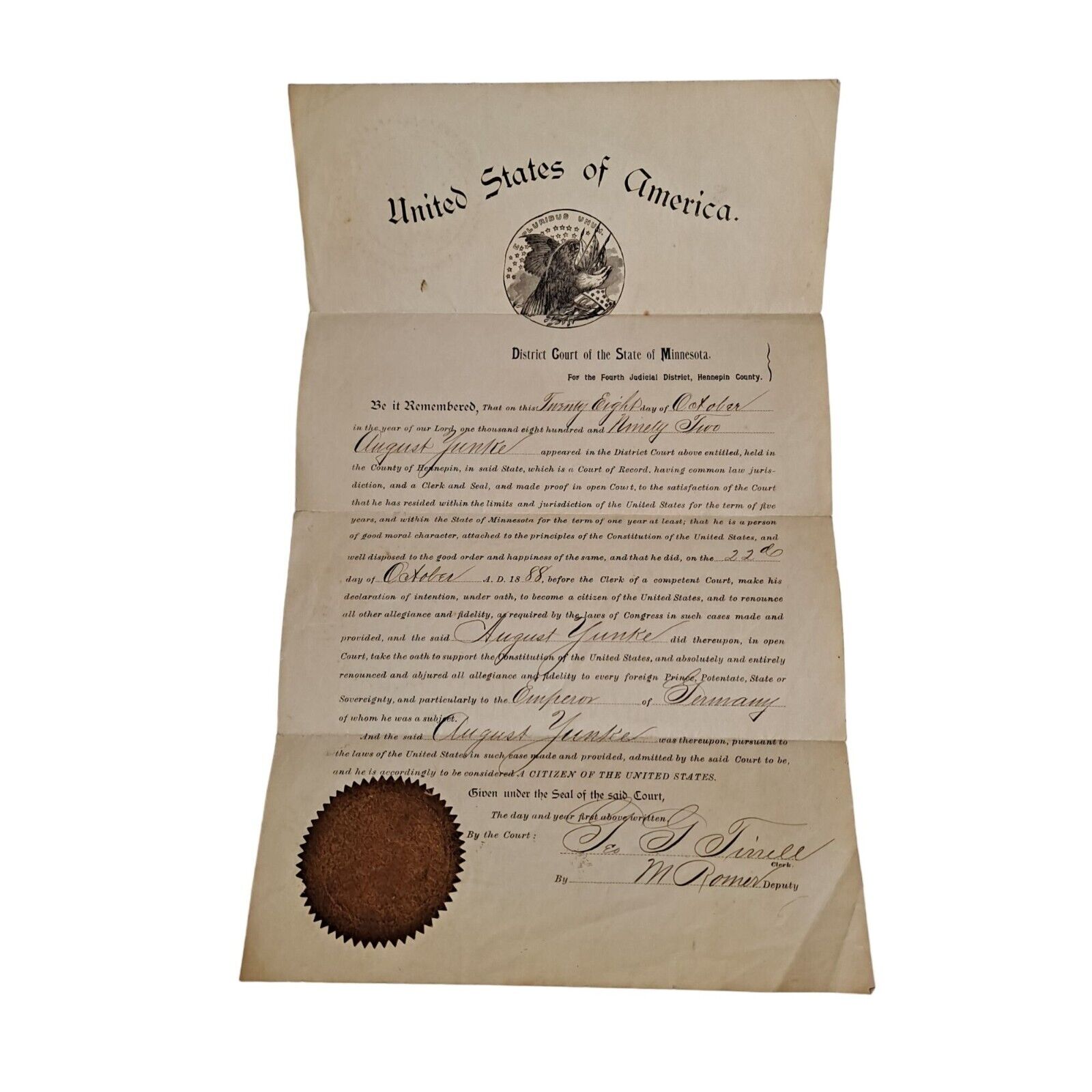 Antique 1892 US Citizenship Naturalization Minneapolis Minnesota Hennepin County