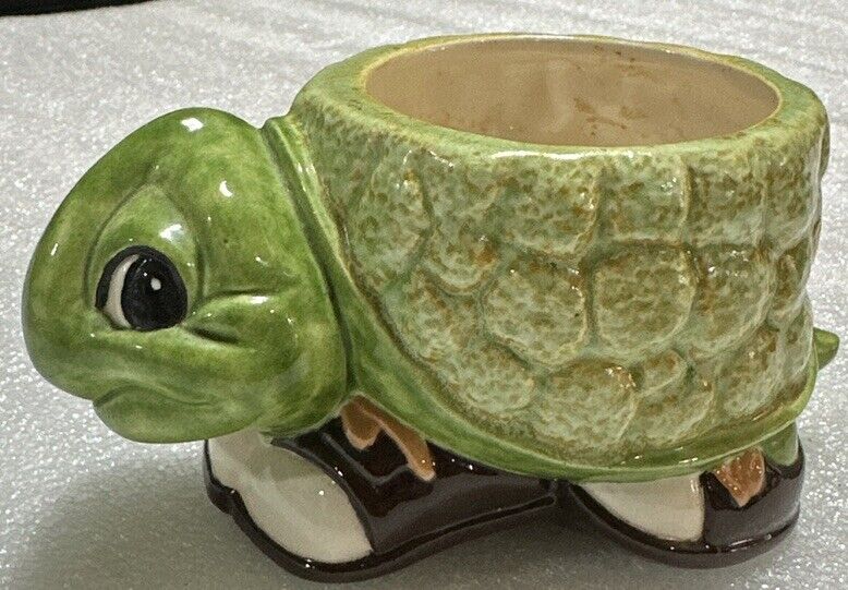 Vintage Ceramic Kitschy Green Turtle Planter With Sneakers 3 1/2” x 6”