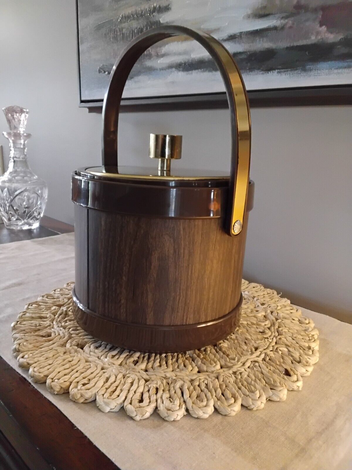 Vintage Mid Century Modern Kromex Ice Bucket Gold Tone & Woodgrain 