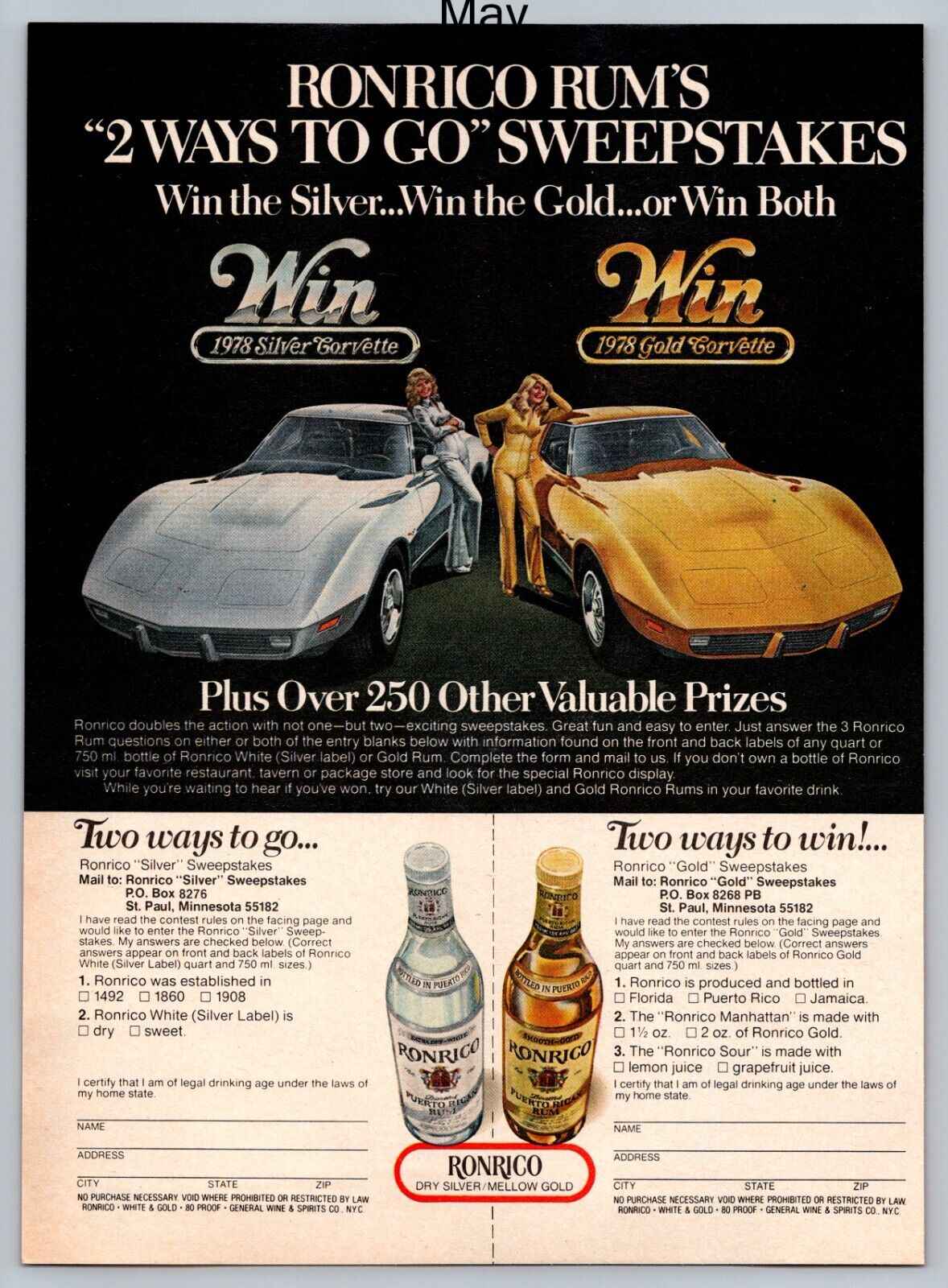 Silver & Gold Corvette Ronrico Rum Promo Vintage 1978 Full Page Print Ad