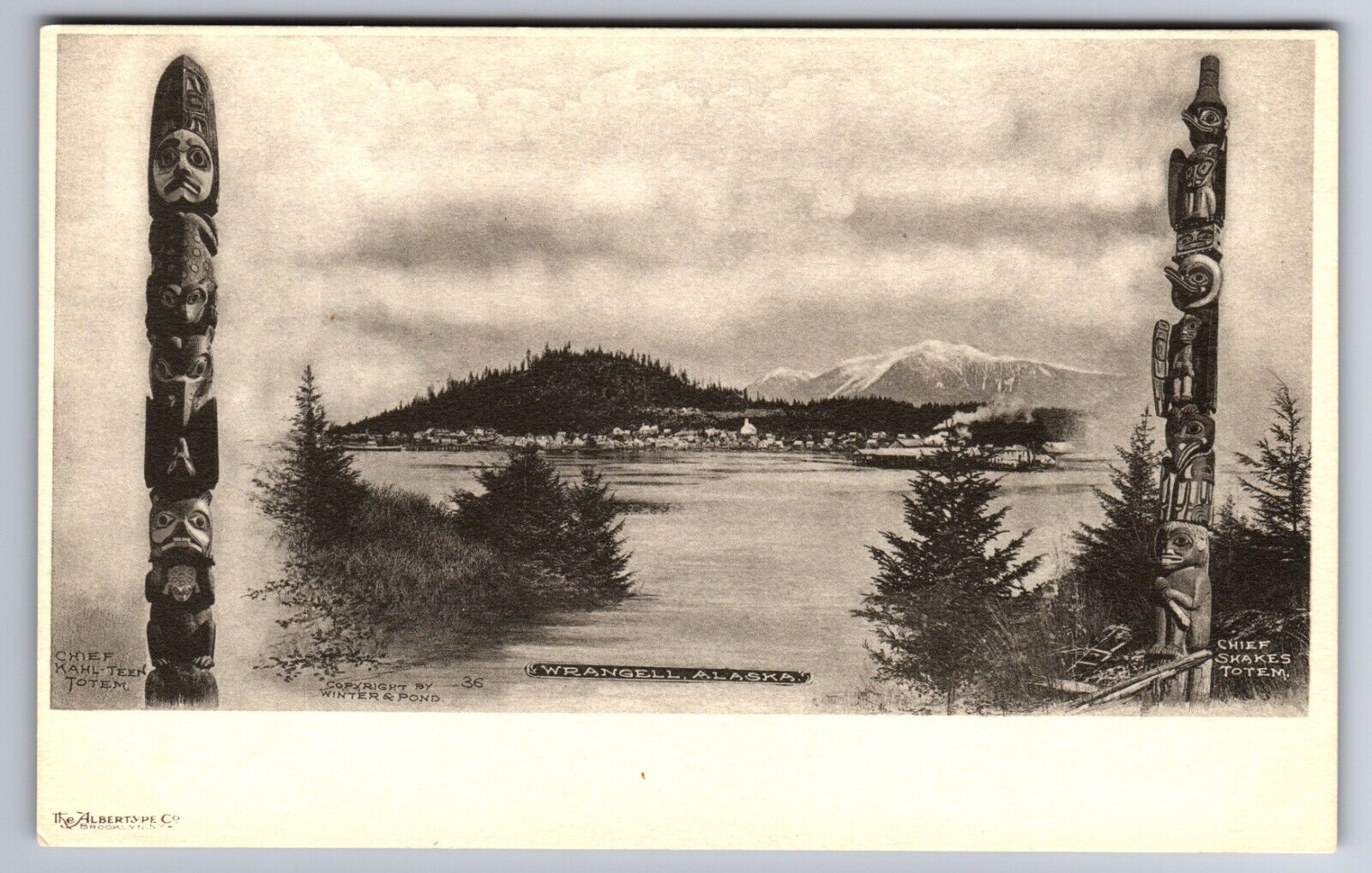 C.1905 WRANGELL, AK ALASKA, TOTEMS CHIEFS SHAKES, KAHL TEEN  Postcard P42