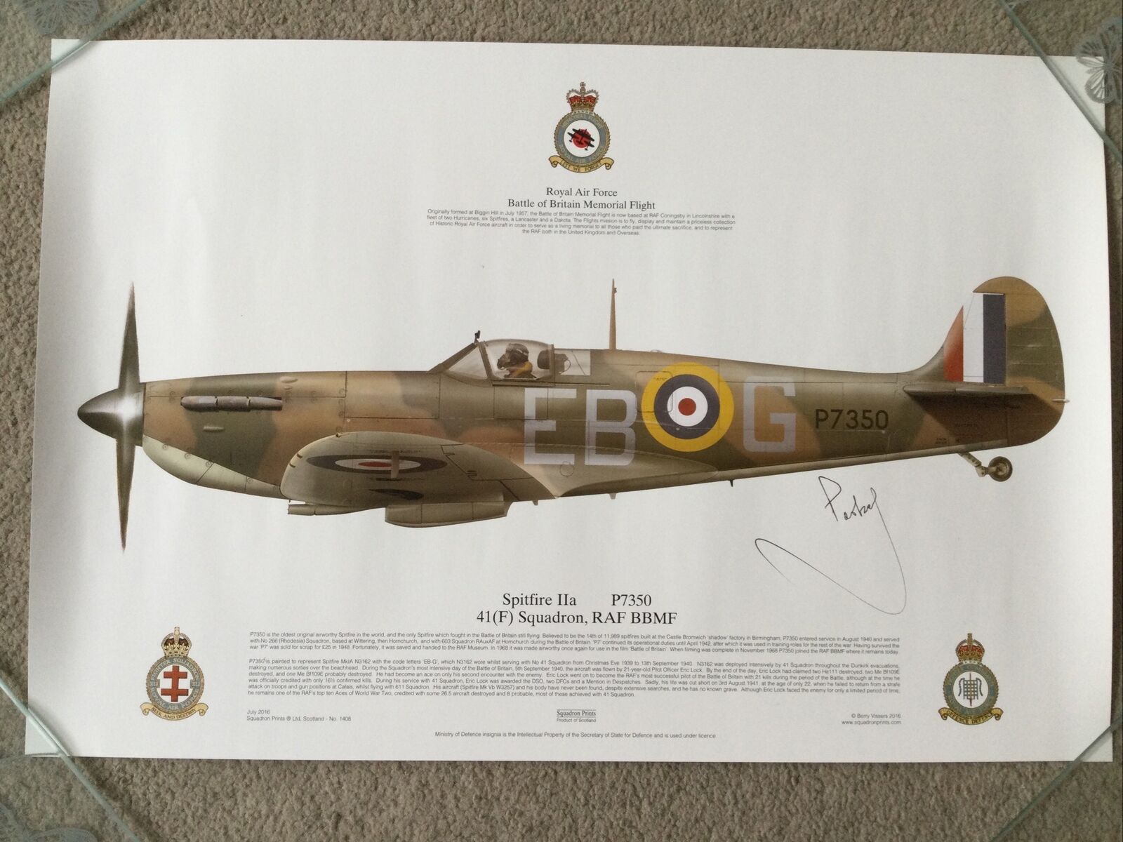 RAF Signed Squadron Print - Spitfire MK2a - signed by Parky Parkinson ( ex BBMF)